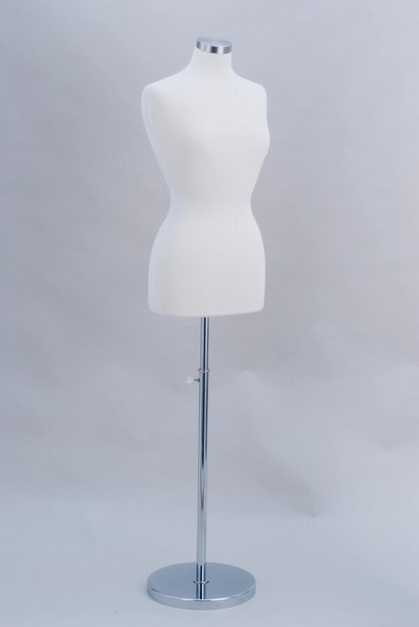 A white chrome mannequin for female cloths